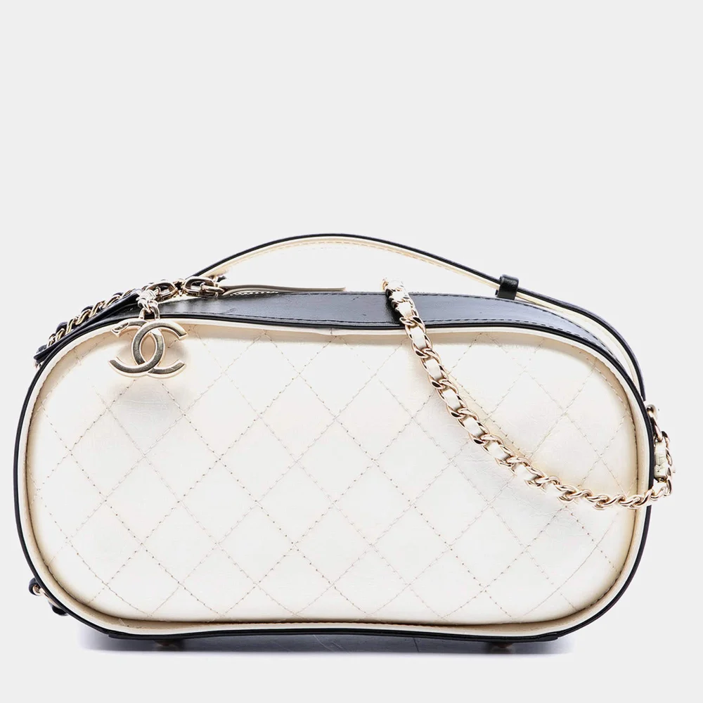 CC Quilted Crumpled Calfskin Vanity Case Small White Black Leather Shoulder Bag