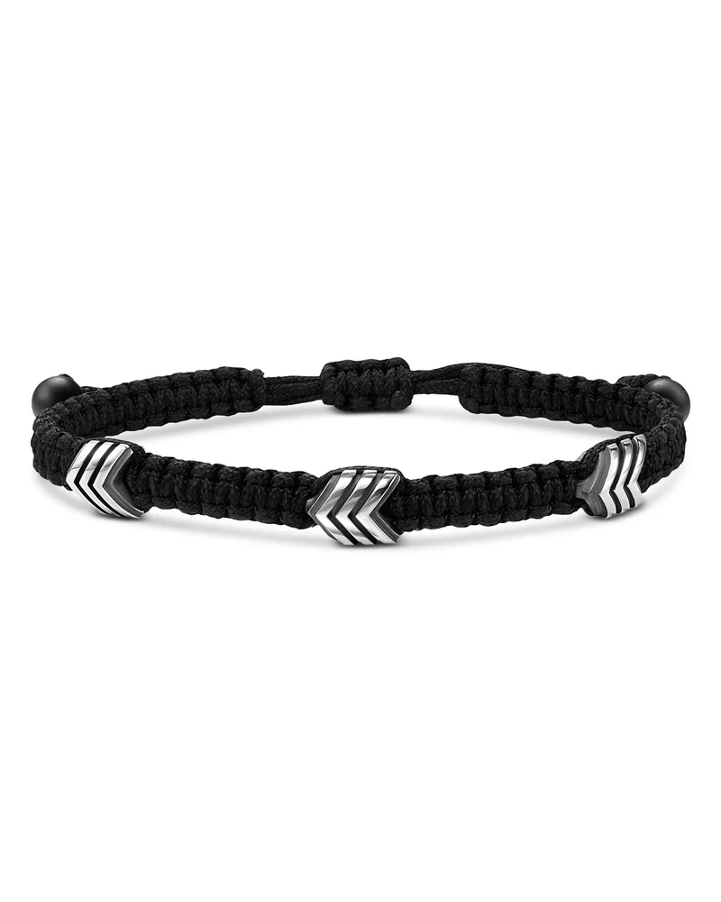 Sterling Silver Black Onyx Chevron Black Nylon Woven Station Bracelet