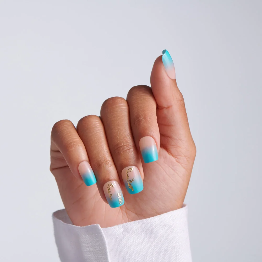 Kiss Glam Jeweled Press On Fake Glue Nails - Hello Sunshine | 3D & Jewel Design, Blue & White, Short, Squoval