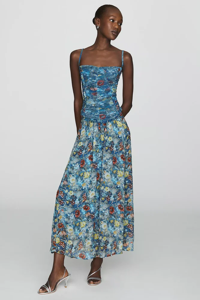 Ruched Mesh Midi Dress in Blue Floral