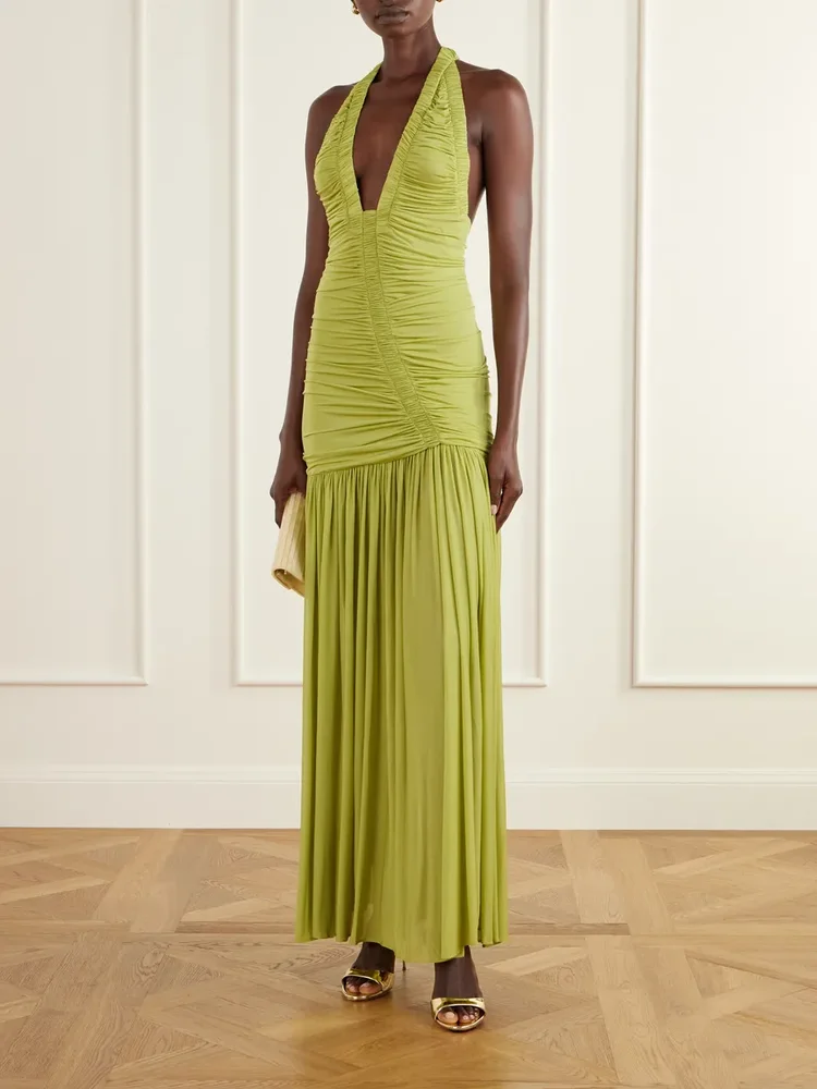 Orion open-back ruched mesh gown