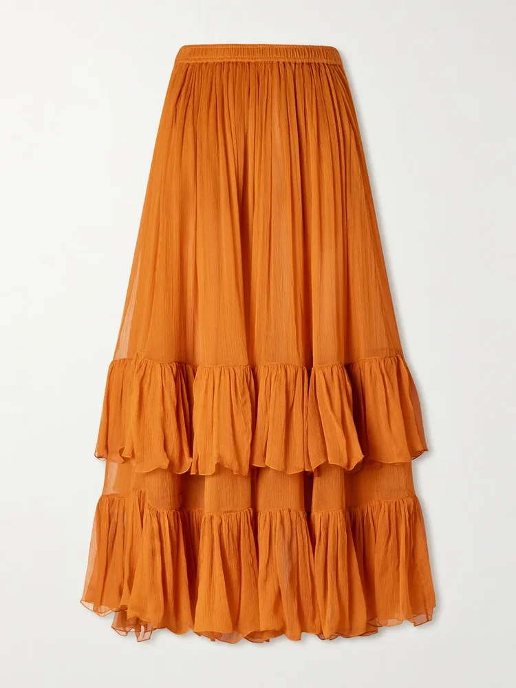 Ruffled silk-muslin maxi skirt