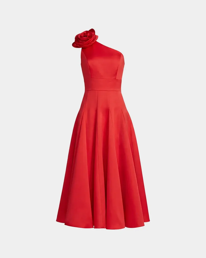 3D Floral Satin Fit & Flare Midi Dress