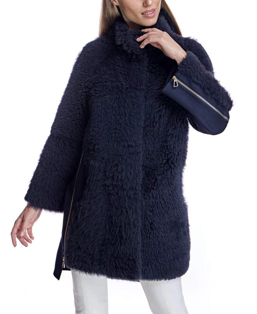 Mixed-Media Shearling Coat With Zipper Trim