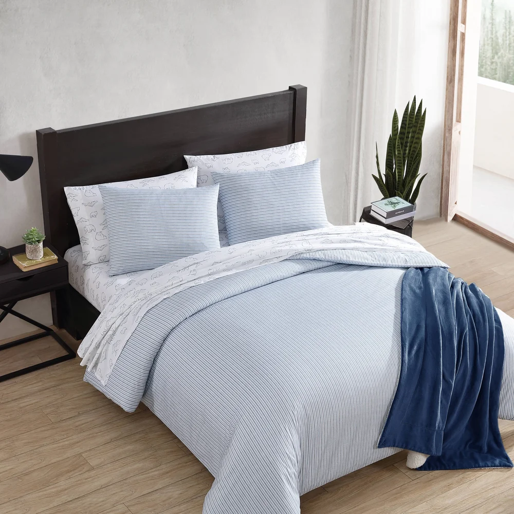 Ticking Stripe Navy Cotton Percale Duvet Cover Set, Queen