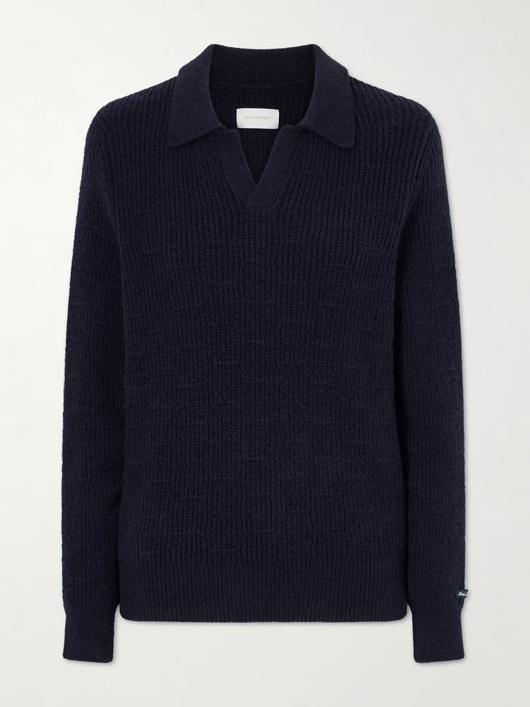 Ribbed-knit cotton-blend bouclé polo shirt