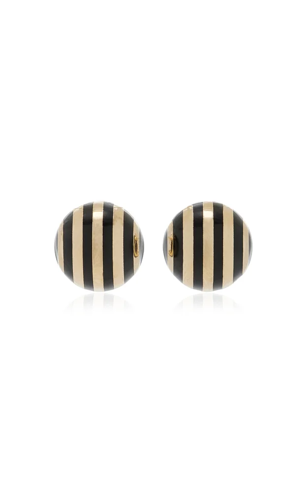 Striped Ball Button14K Yellow Gold Black Enamel Earrings