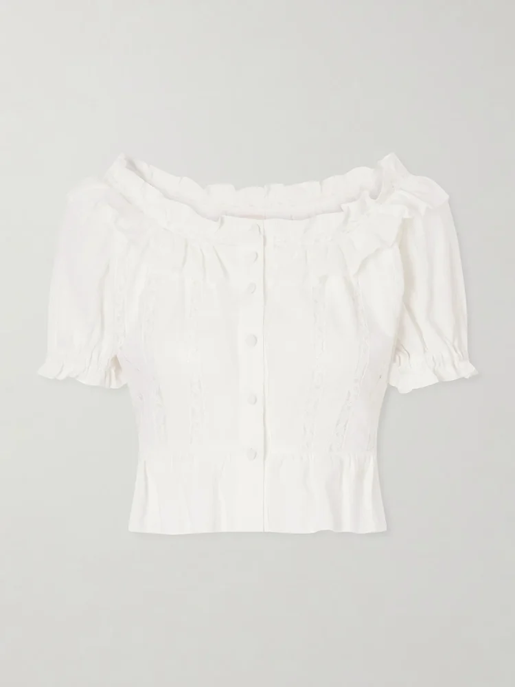 Terracina ruffled lace-trimmed cotton-poplin blouse