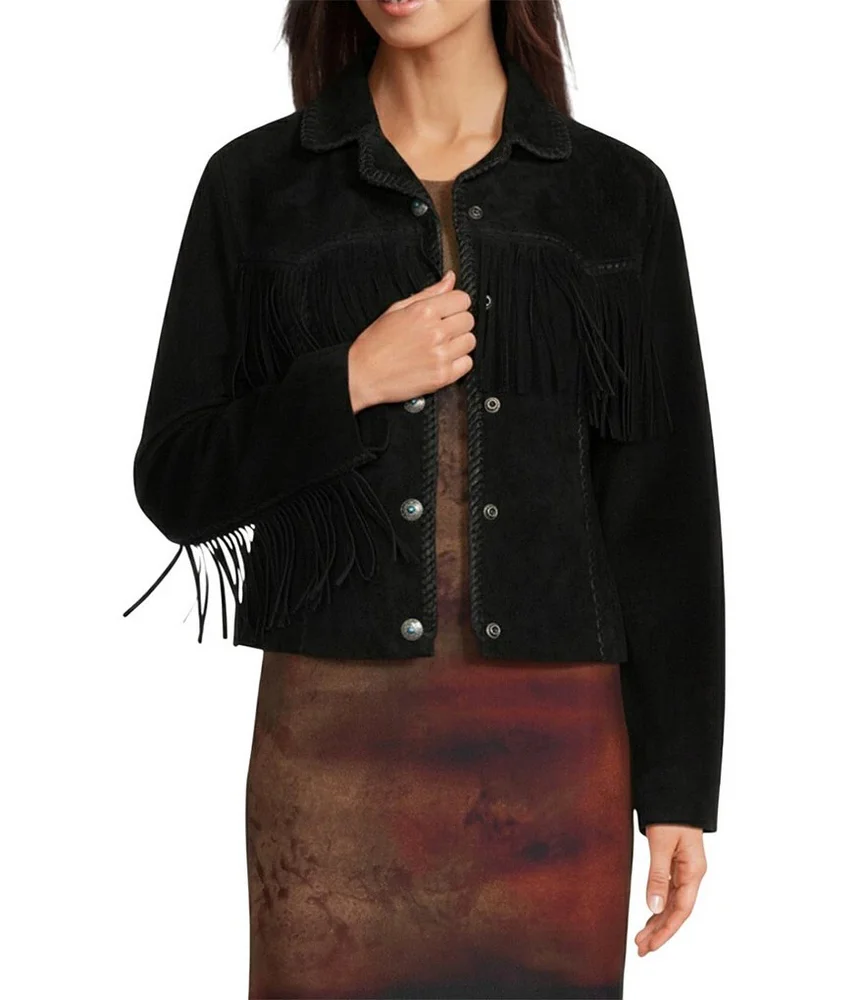 Suede Leather Whipstitch Collar Fringe Jacket
