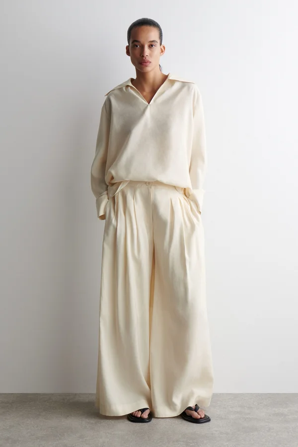 PLEATED MODAL WIDE-LEG TROUSERS - ECRU