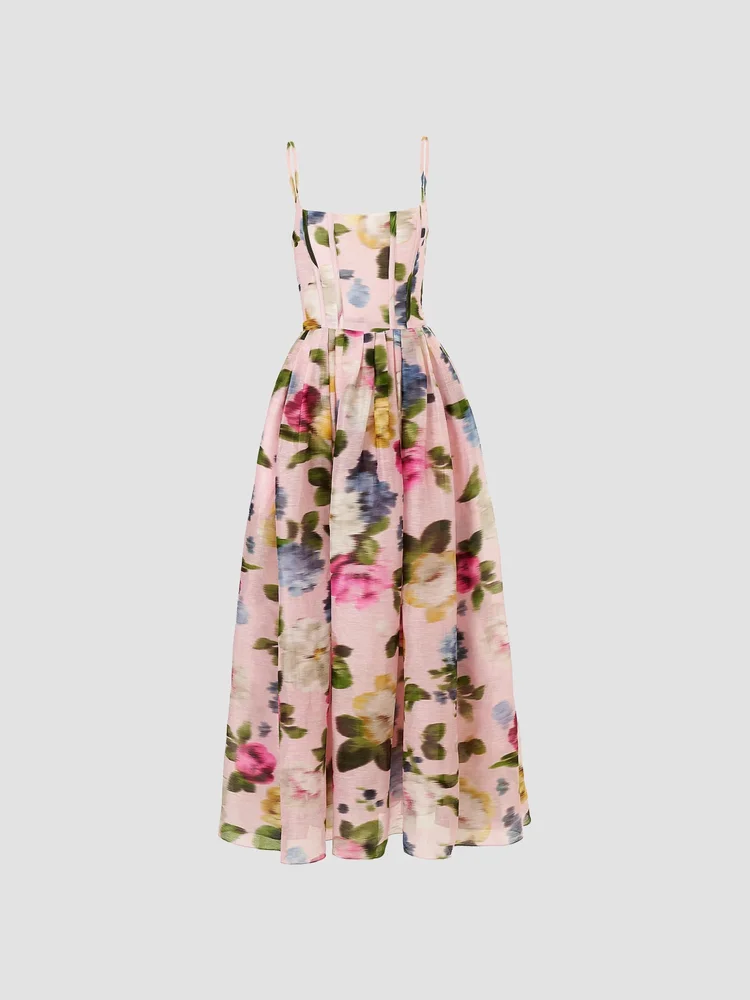 Cabana Floral Corset Linen-Silk Thin-Strap Midi-Dress