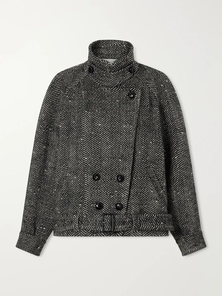 Elvane belted herringbone wool-blend coat