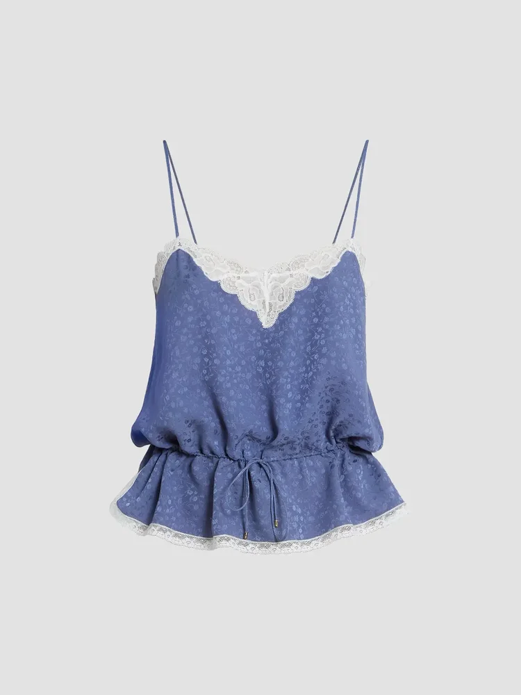 Floral Lace-Trim Silk Top
