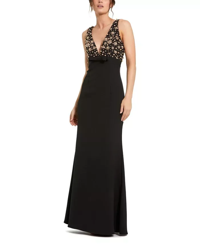 Crepe Sleeveless Beaded V Neck Gown With Bow