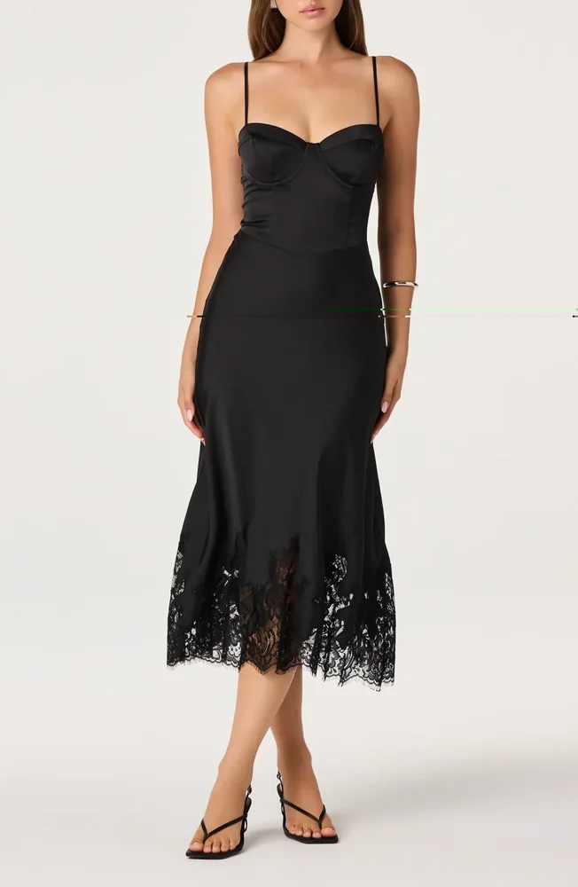 Abrianna Lace Trim Satin Midi Dress