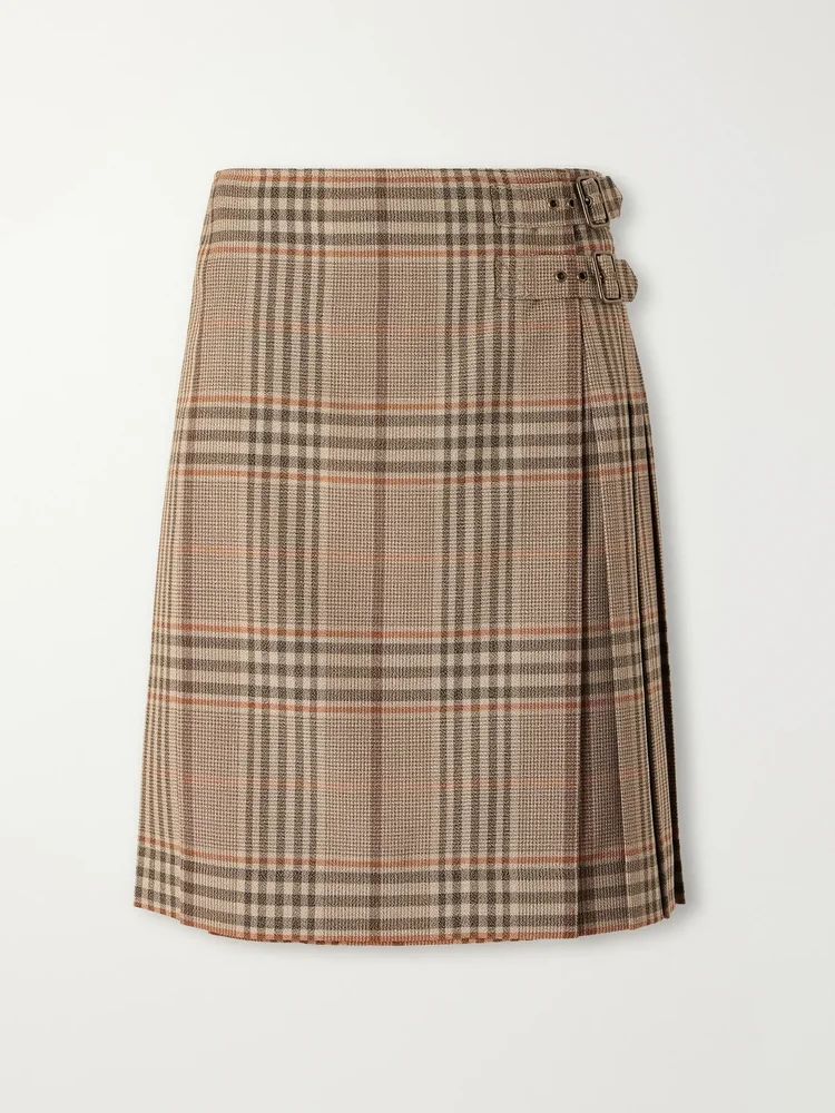 Pleated checked wool mini skirt