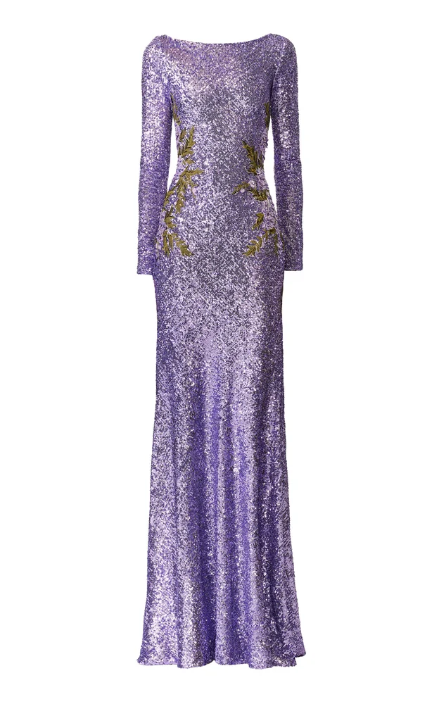 Long Sleeve Applique Sequined Gown