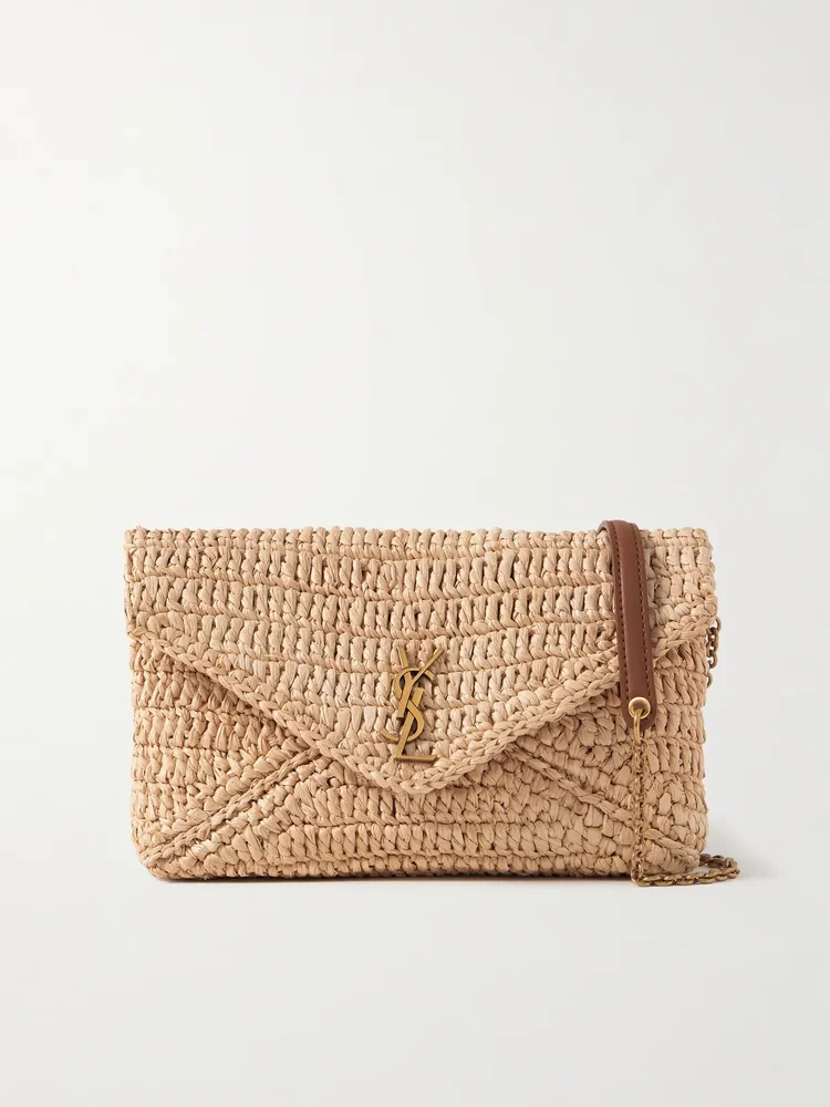 Cassandre leather-trimmed raffia shoulder bag