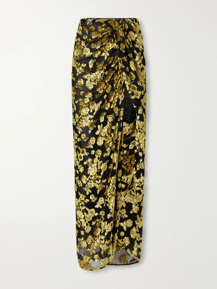 Draped devoré-velvet maxi skirt