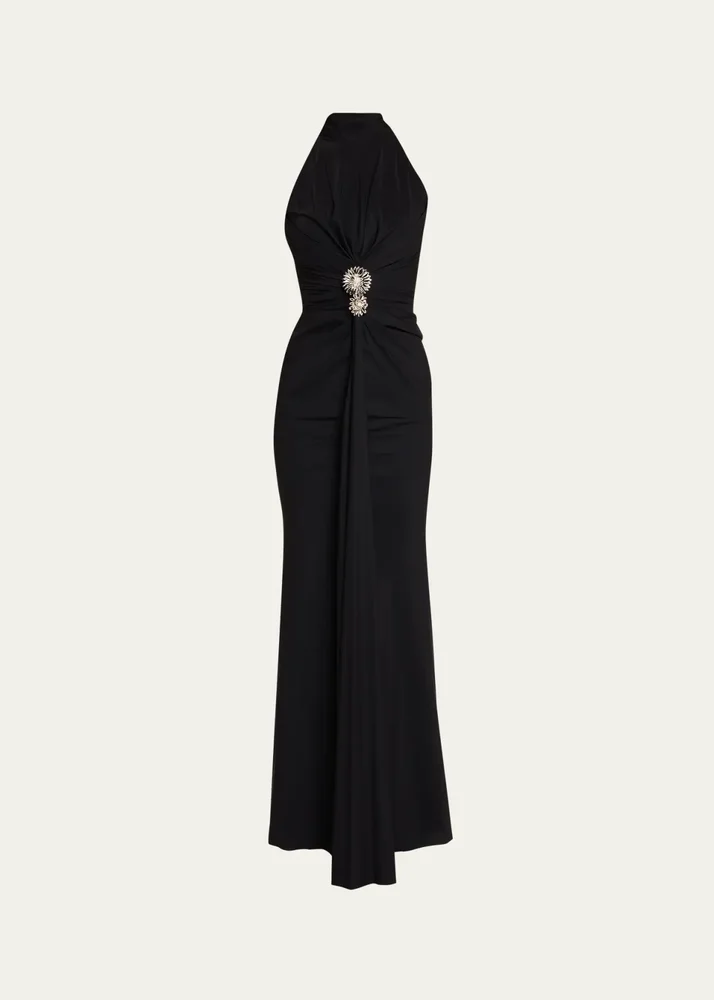 Nitsa Floral-Embellished Halter Column Gown