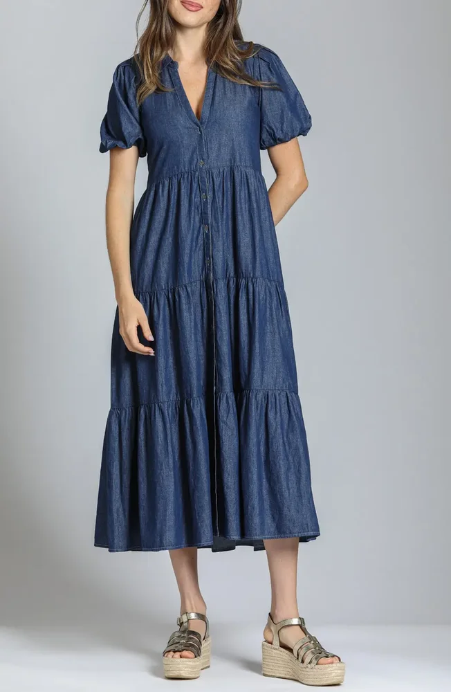 Puff Sleeve Tiered Denim Maxi Dress