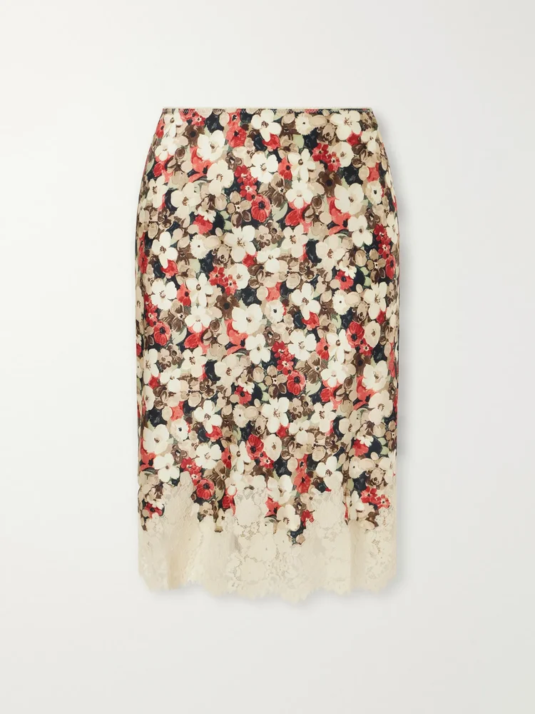 Elowette floral-print lace-trimmed silk-satin midi skirt