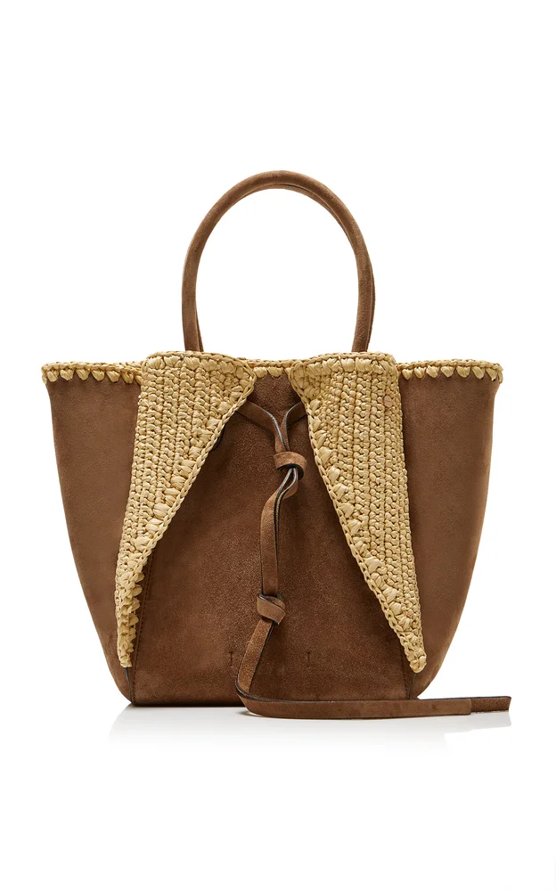 Marija Small Raffia-Trimmed Suede Tote Bag