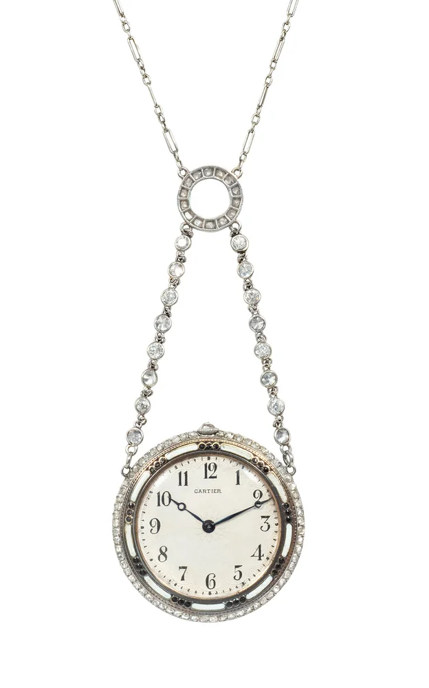 Cartier 18K Yellow Gold Diamond Enamel Pendant Watch Necklace