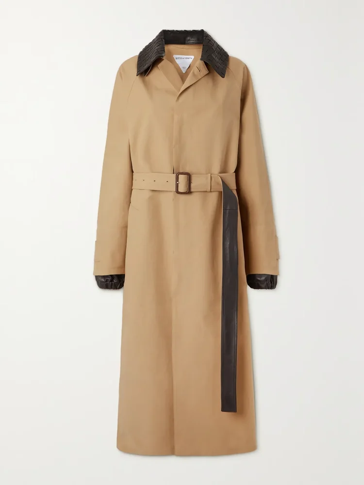 Belted leather-trimmed cotton-garbardine trench coat