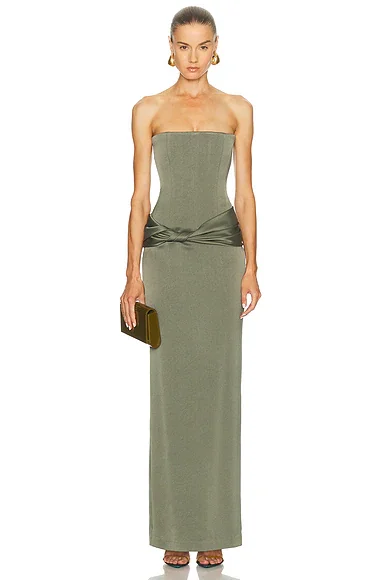 Strapless Longline Corset Twist Drape Column Dress