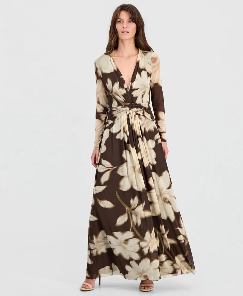 Twist-Front Long-Sleeve Mesh Maxi Dress