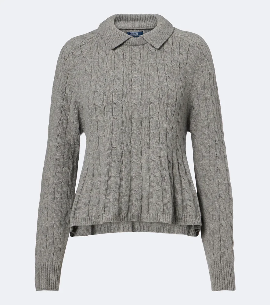Cable-knit wool and cashmere polo sweater