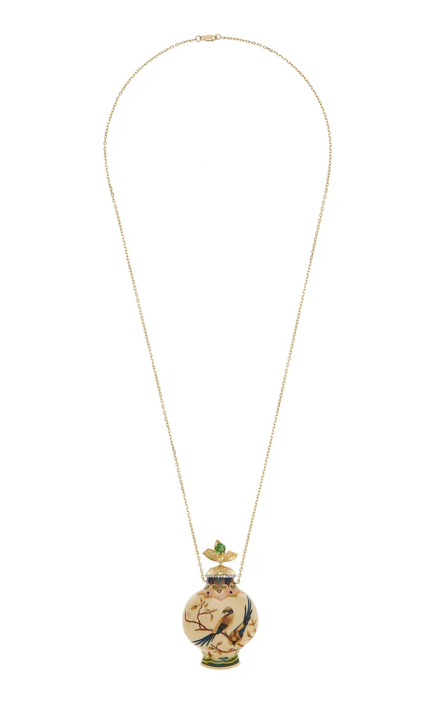 Marquetry Wood 18K Yellow Gold Diamond, Tourmaline Bottle Necklace