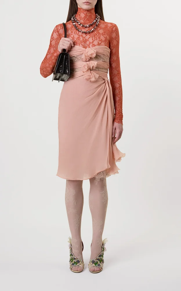 Lace-Trimmed Chiffon Mini Dress