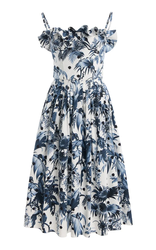 Dotted-Palms-Printed Stretch Cotton-Poplin Midi Dress