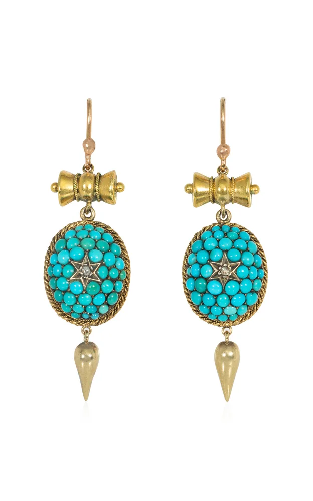 Antique 15K Yellow Gold Pavé Turquoise Pendant Earrings