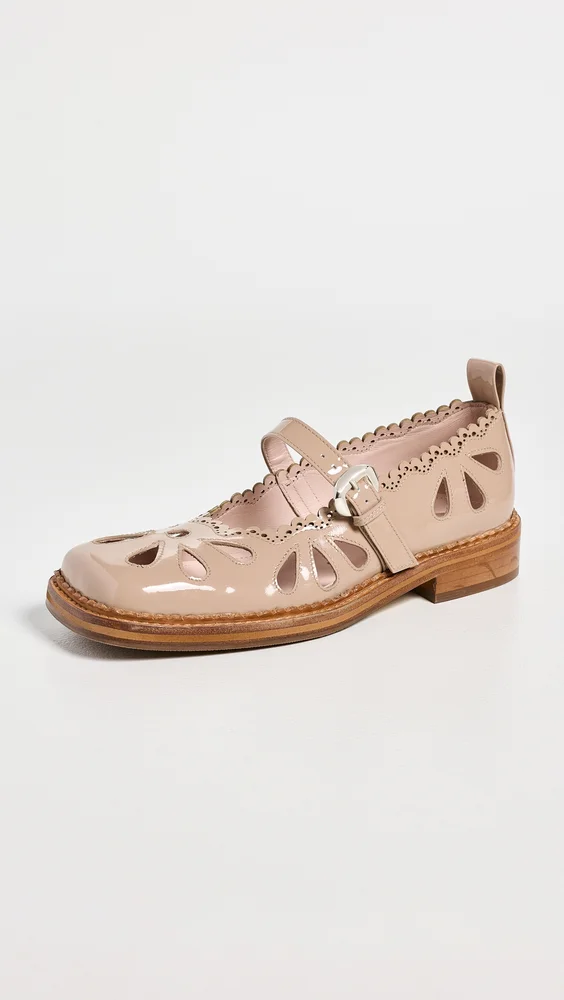 Daisy Cutout Mary Jane Brogue Flats - Almond