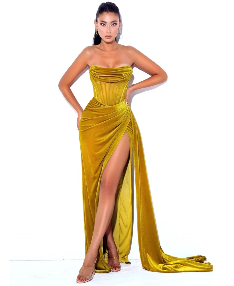 Priya Gold Draping Corset High Slit Velvet Gown