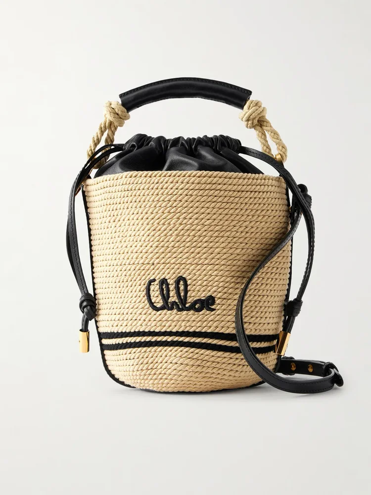 Logo-embroidered leather-trimmed cord shoulder bag