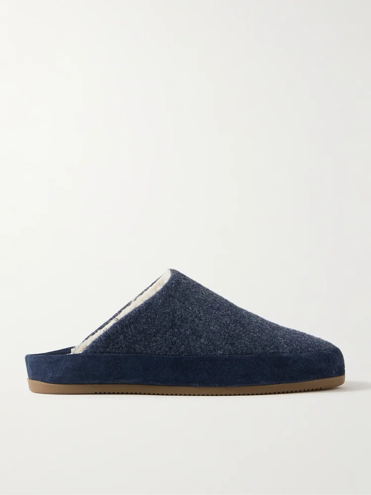 Suede-Trimmed Shearling-Lined Wool Slippers