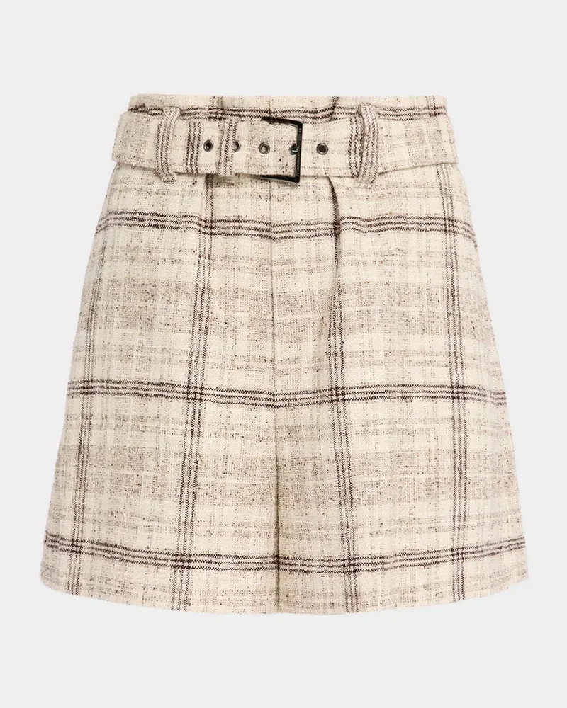 Cotton-Silk Check Tweed Belted Paperbag Shorts With Monili