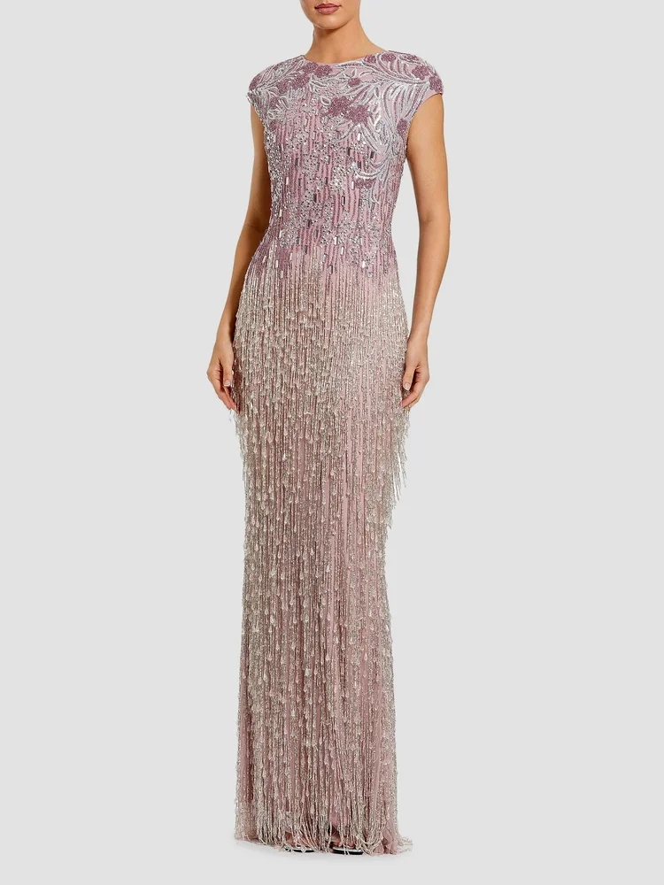 Evening Embellished Mesh Cap-Sleeve Gown