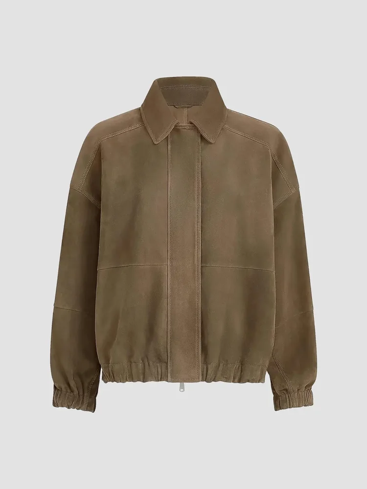Couture Suede Outerwear Jacket with Shiny Zipper Pull