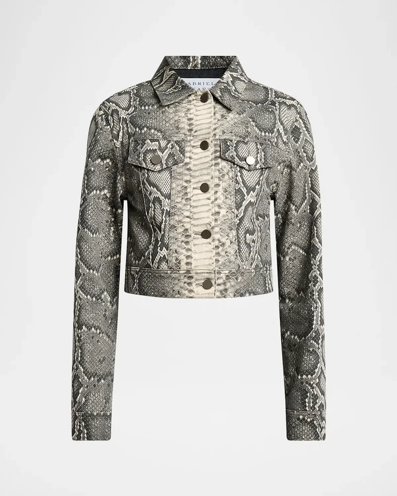 Bronte Snakeskin-Print Crop Denim Jacket