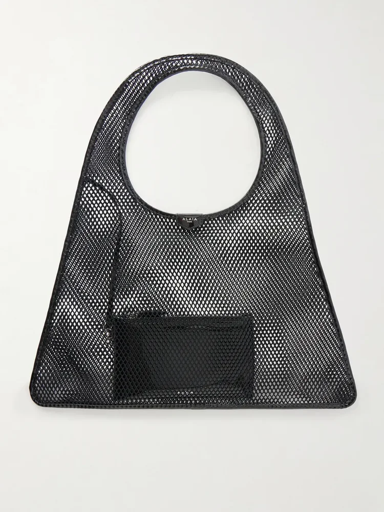 One Piece suede-trimmed mesh shoulder bag
