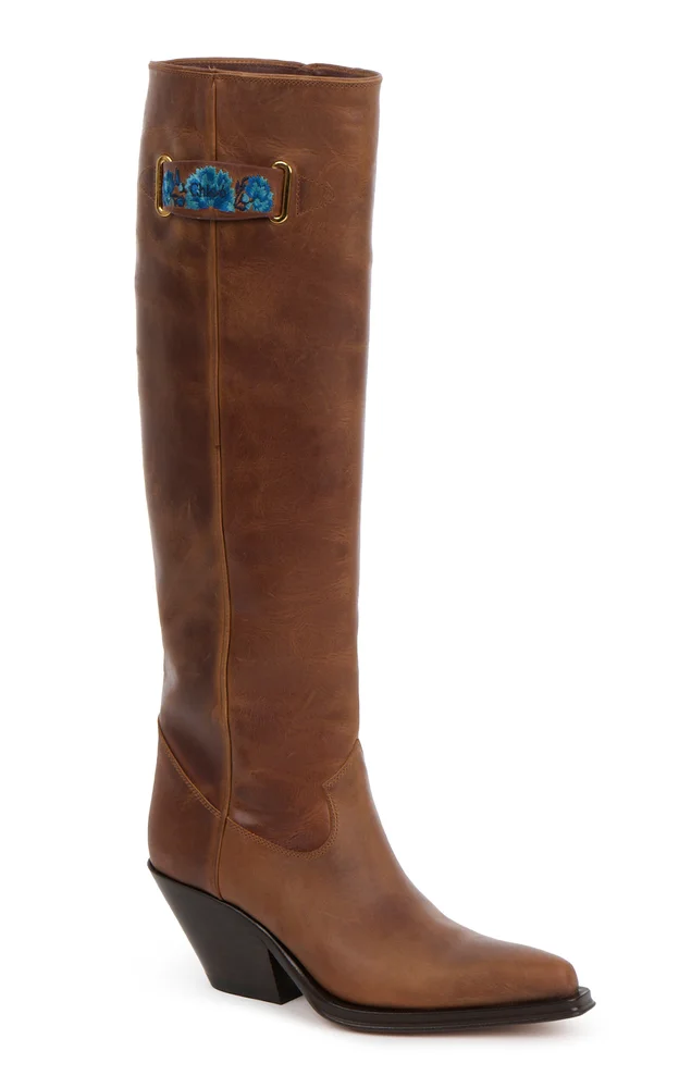 Floral-Embellished Leather Boots