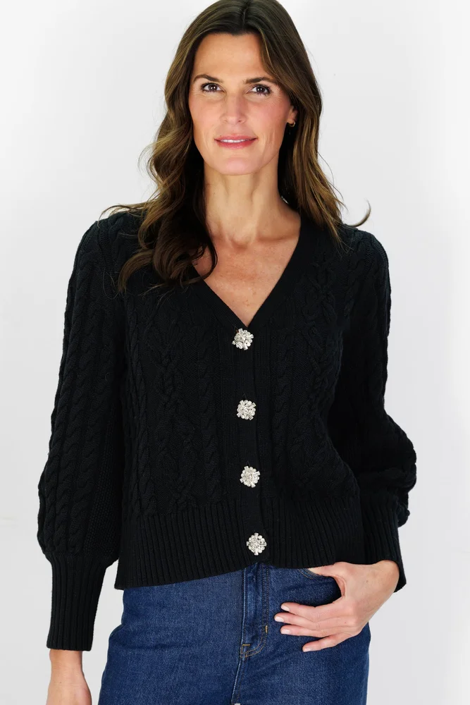 Black Cotton Chloe Cable Knit Cardigan with Jewel Buttons