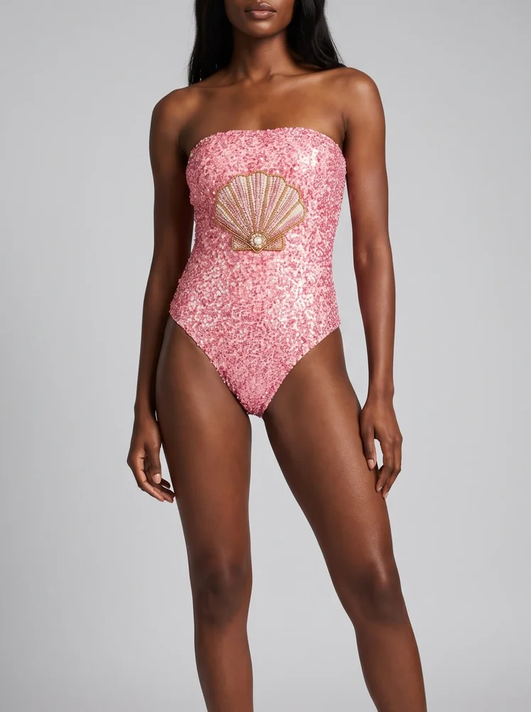 Under the Sea Hand-Embroidered Sequin Strapless Swimsuit