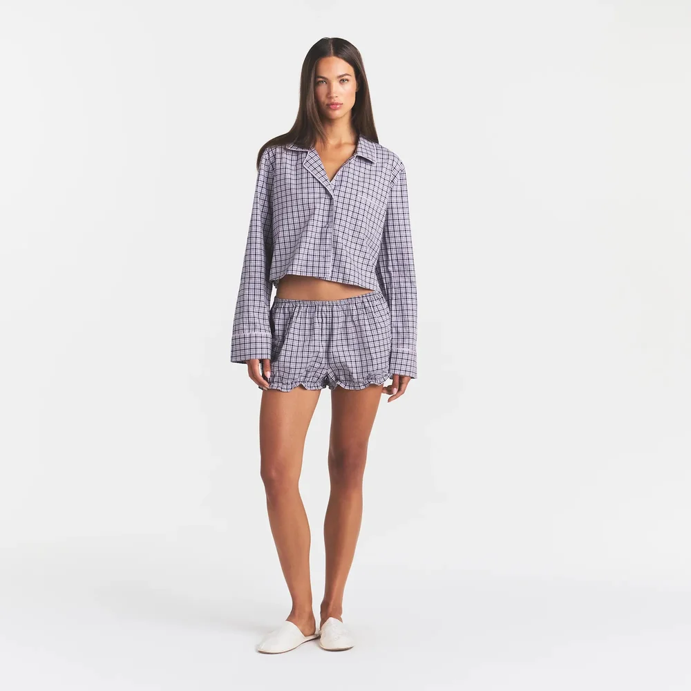 COTTON POPLIN Sleep Cropped Button Up And Bloomer Set | Iris Mica Navy Check