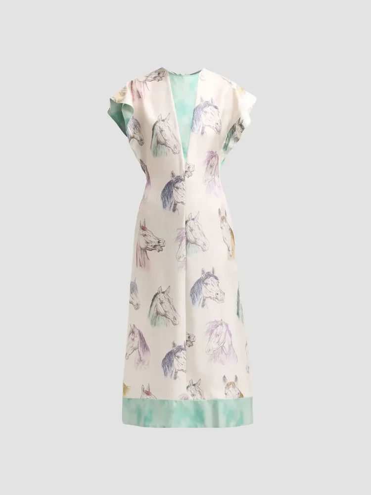 Horse Print Flutter-Sleeve Midi Dress